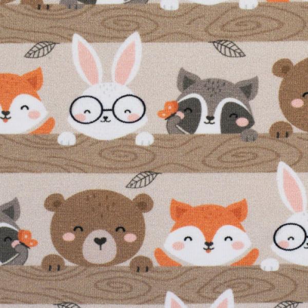 Baumwolljersey Gary mit Waldtieren auf Baumstämmen in Beige